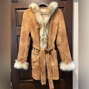 Tasha Polizzi Tan Suade Faux Fur Trim Coat